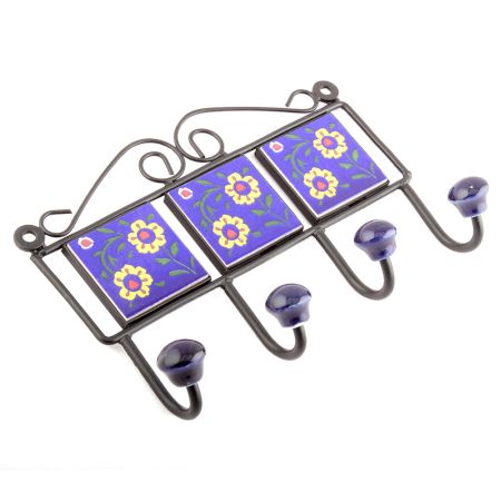 Navy Blue Yellow Flower Tiles Hooks